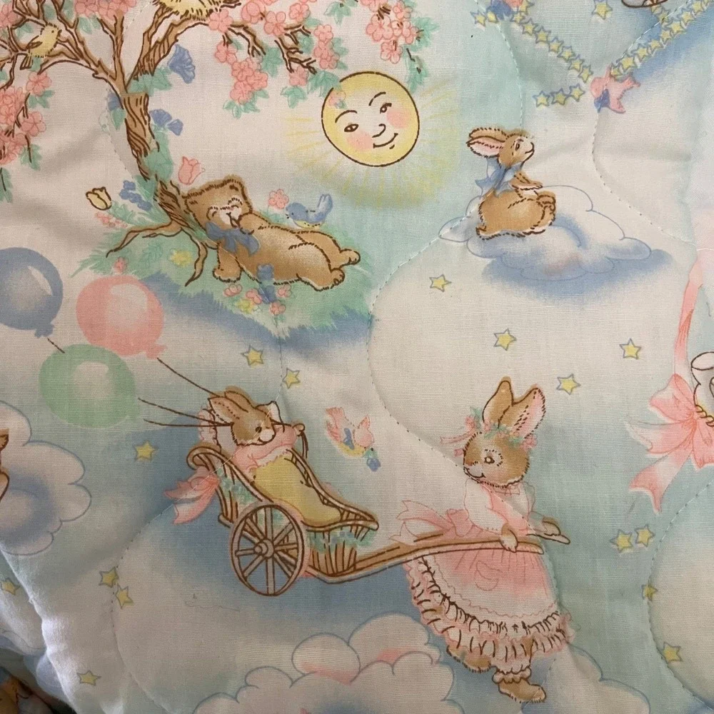 Bunny and Bear Quilted Baby Blanket Ruffle Moon Stars‎ Floor Blanket 49